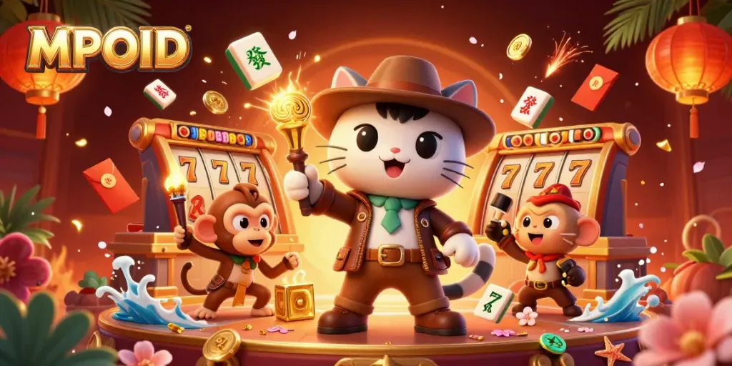 MPOID showcases a vibrant 3D casino adventure illustration featuring an explorer cat alongside slot machines and festive decor, immersing players in a thrilling experience.