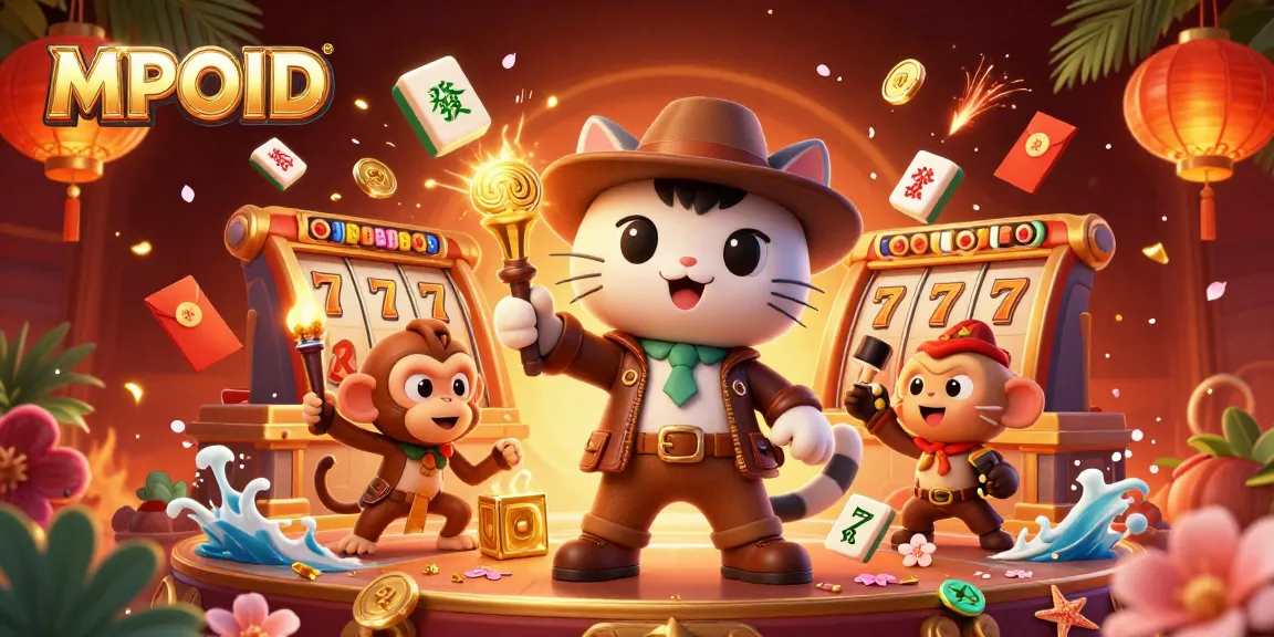 MPOID showcases a vibrant 3D casino adventure illustration featuring an explorer cat alongside slot machines and festive decor, immersing players in a thrilling experience.