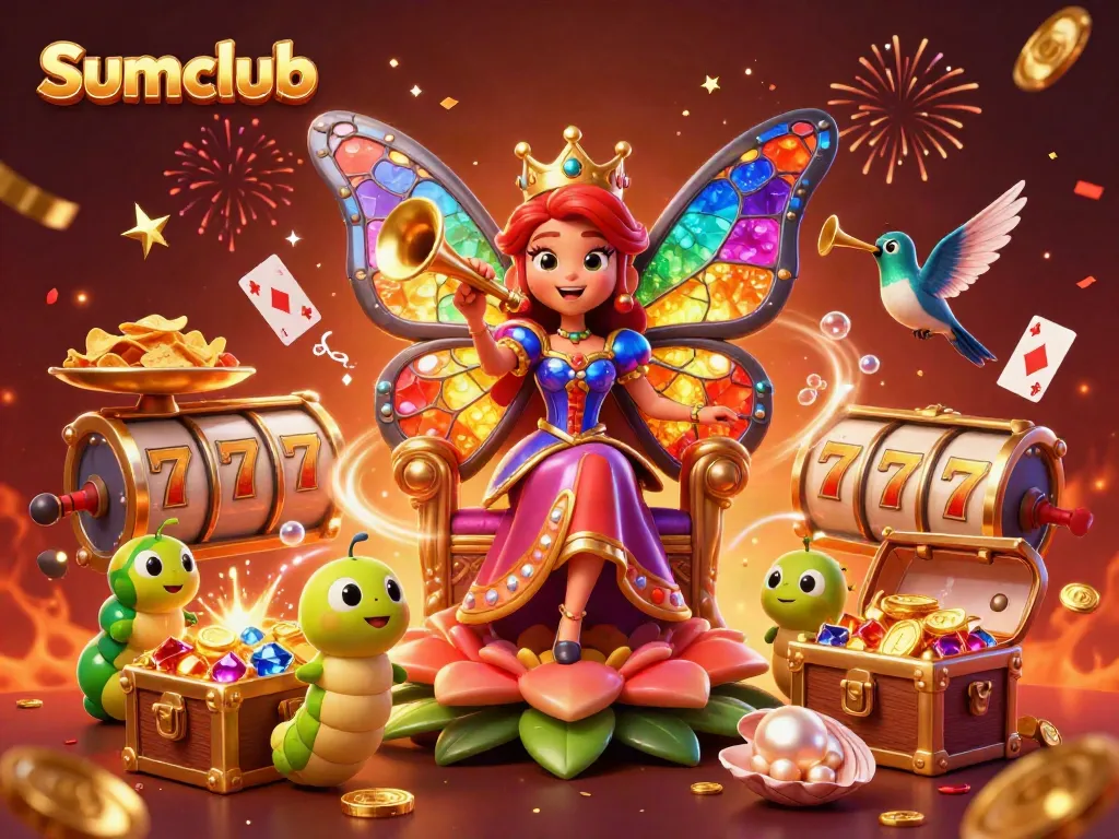 Engage with Sumclub excitement featuring a colorful butterfly queen, slot reels, and gold coins.