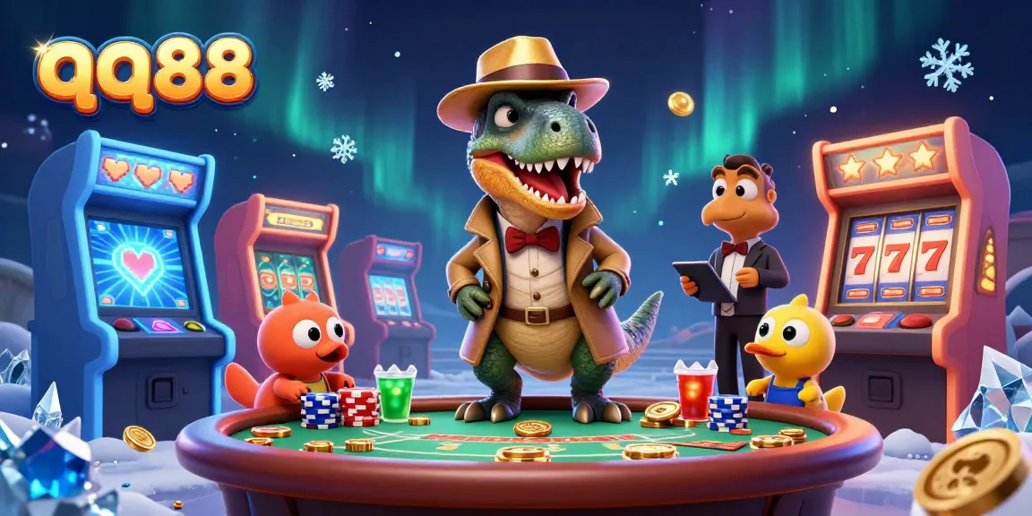 Experience thrilling gameplay with qq88 featuring a velociraptor card counter at a blackjack table, surrounded by casino elements.