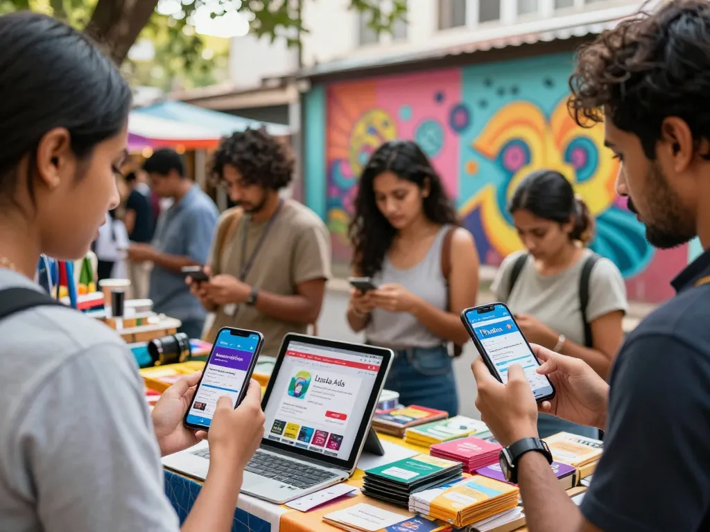 Engaged users posting ads on Lanka Ads in a vibrant urban marketplace.