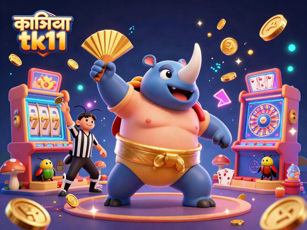 Engage with the vibrant scene of লাইভ ক্যাসিনো tk11 featuring a beetle sumo champion, flying coins, and casino game elements.