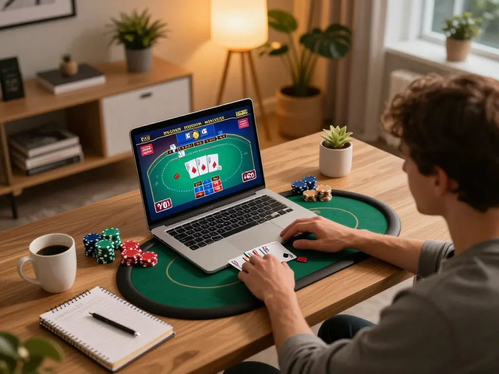Engaging in online poker gameplay with TR88 strategy tips visible on the laptop screen.