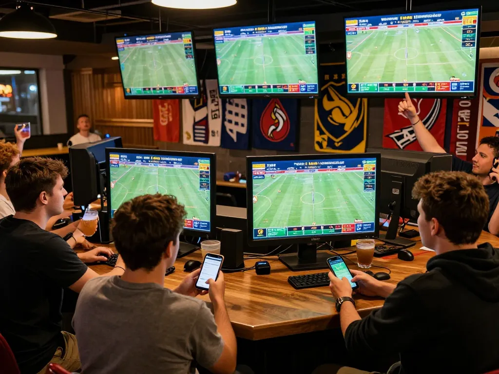 Betting action at RR88 sports event with friends appreciating odds and excitement.