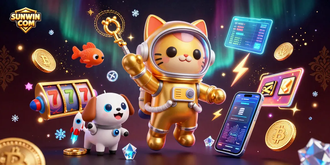 Engage with SUNWIN COM in a vibrant cosmic casino realm with golden hues and 3D gaming elements.