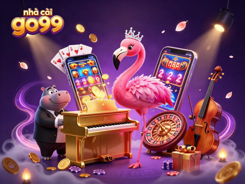 Engage with the vibrant scene of nhà cái go99 featuring colorful slot games, musical characters, and dynamic casino elements.