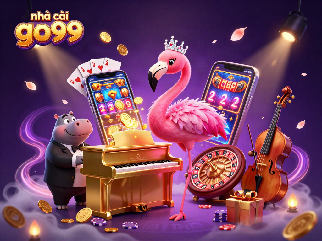 Engage with the vibrant scene of nhà cái go99 featuring colorful slot games, musical characters, and dynamic casino elements.