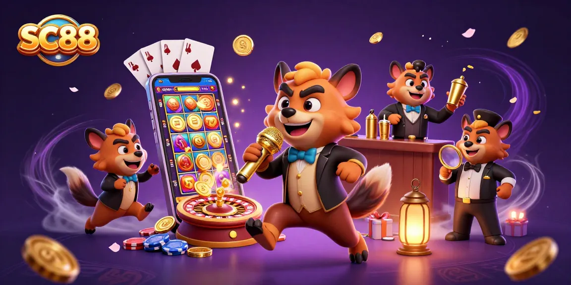 Engage in thrilling gameplay at SC88 with fun casino hyenas, spinning slots, and vibrant elements.