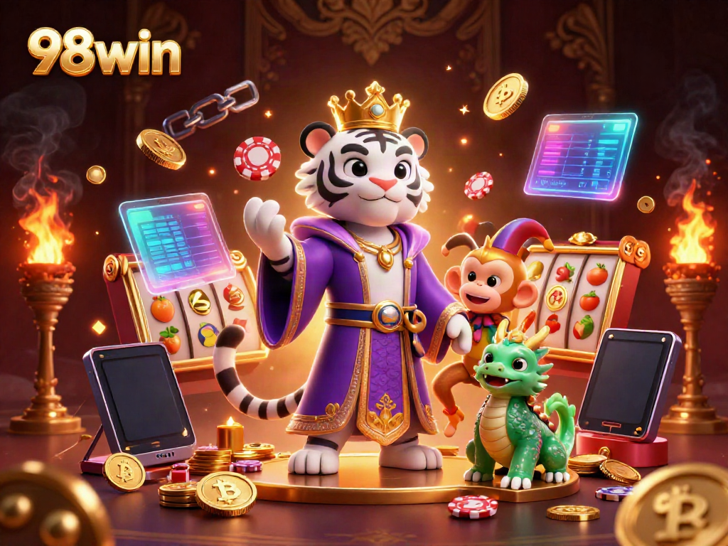 Experience the excitement of 98win with a vibrant 3D casino scene featuring a tiger, monkey, and dragon amidst exciting gambling elements.