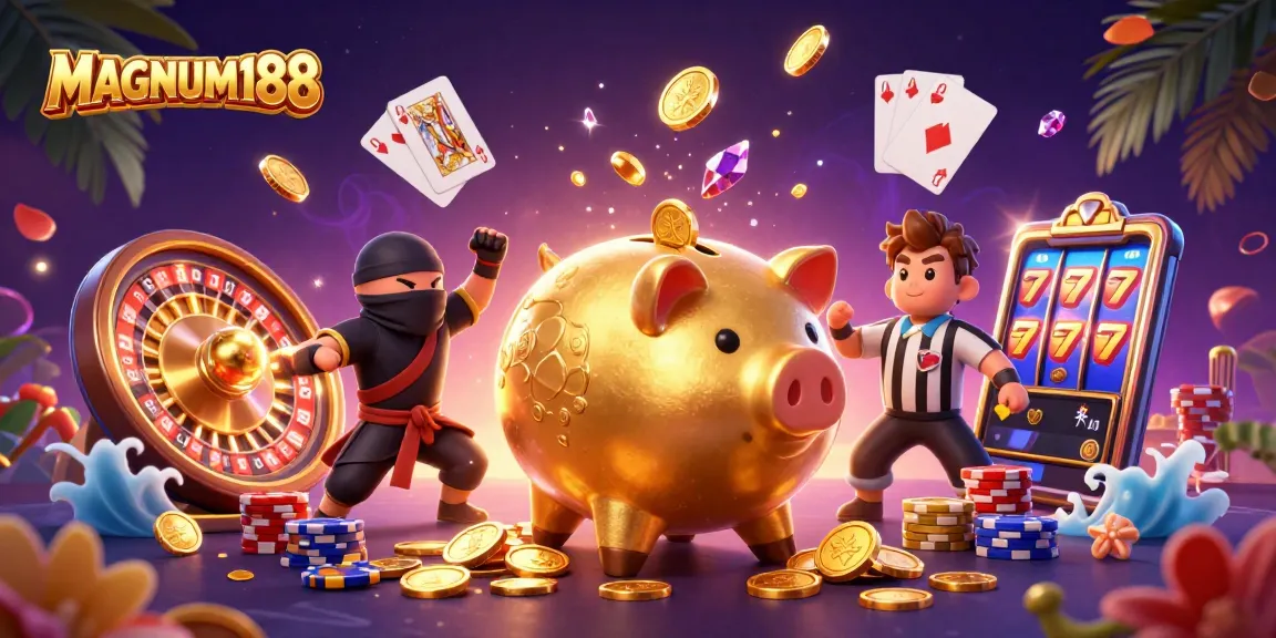 Experience thrilling action at MAGNUM188 with a vibrant 3D casino illustration showcasing a sumo wrestler and ninja characters amidst golden coins and gaming elements.