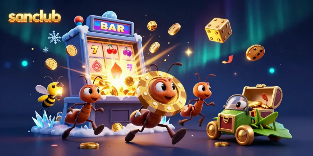 Ants in a heist with a golden poker chip, set in a vibrant casino environment for sanclub.