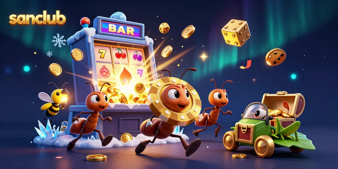 Ants in a heist with a golden poker chip, set in a vibrant casino environment for sanclub.