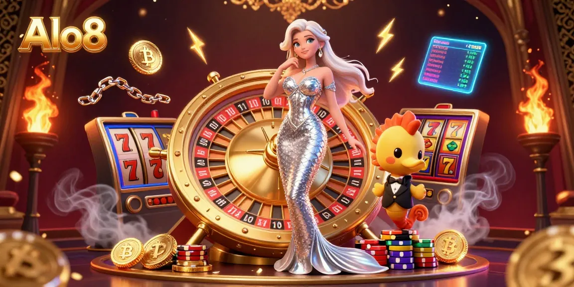 Alo8 features a stunning woman in gown by a roulette wheel with vibrant casino themes.