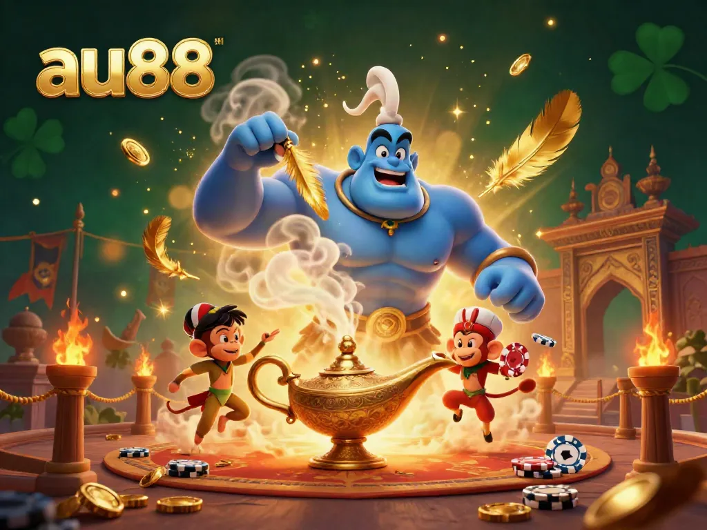 Experience the thrill of au88 with a blue genie, Aladdin monkey, and poker chips in a vibrant casino scene.