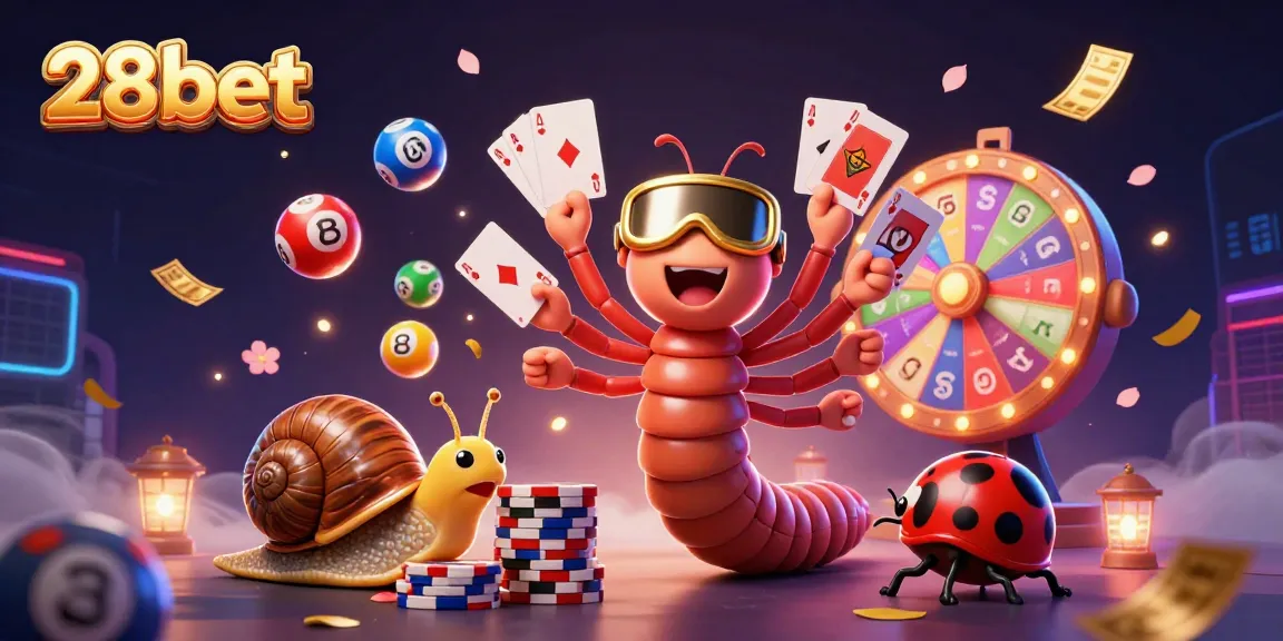 Join the excitement at 28bet with a colorful, action-packed casino scene featuring engaging characters and games.