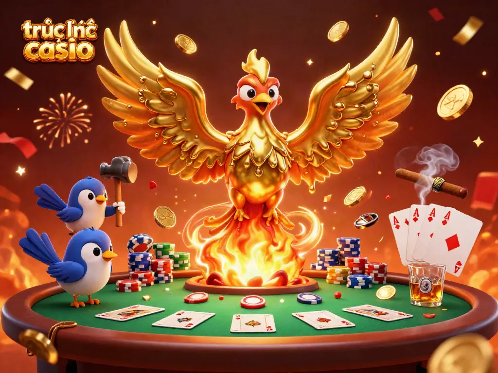 Tham gia vào thế giới sòng bạc trực tuyến với hình ảnh phượng hoàng vàng và các thẻ bài poker.
