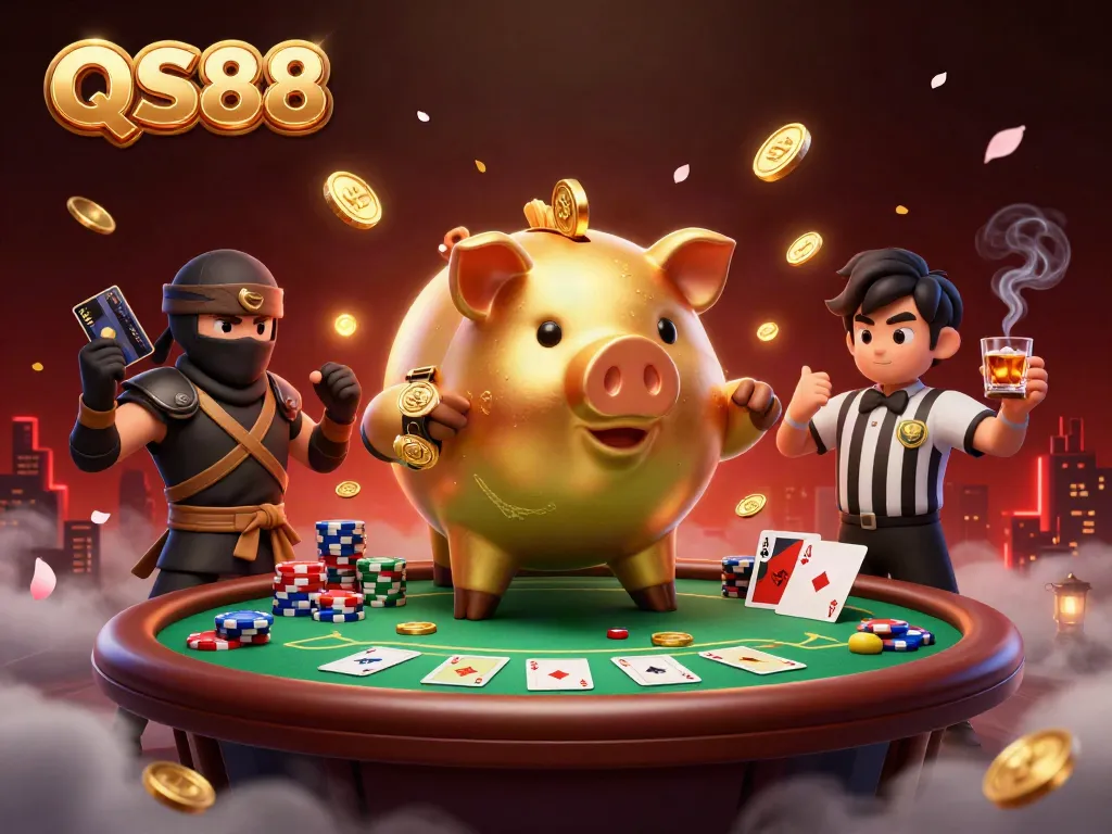 Enjoy an exciting moment at QS88 with a dynamic, vibrant casino scene featuring animated characters and poker elements.