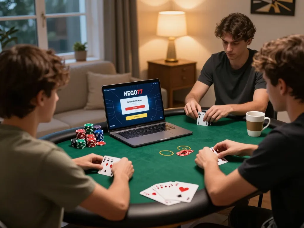Engaged players at their workstation for NEGO77 login showing online poker excitement and strategy.