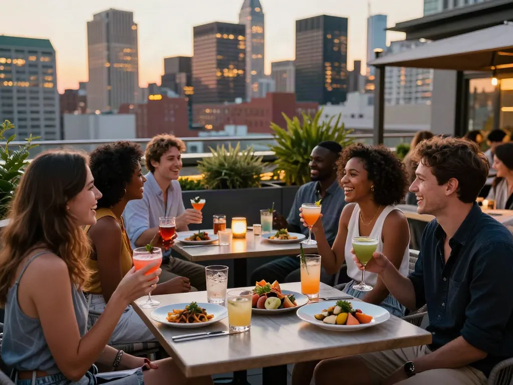NoHu rooftop bar scene with friends enjoying cocktails and sunset views in an urban setting.