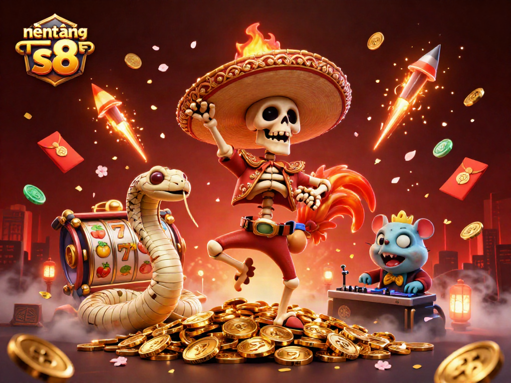 Winning on nền tảng s8 with a vibrant victory scene of characters celebrating amidst slot reels and golden coins.