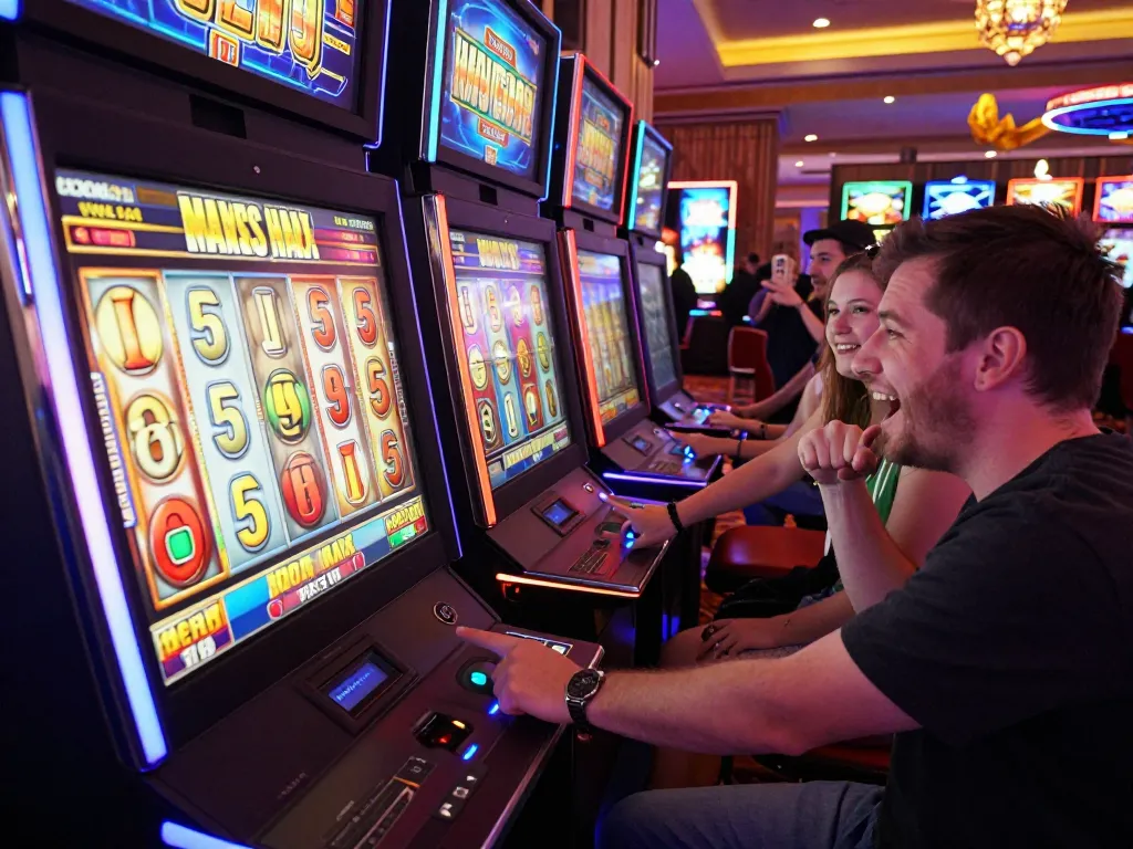 Player enjoying Pragmatic Play slot machine with colorful reels spinning in vibrant casino atmosphere