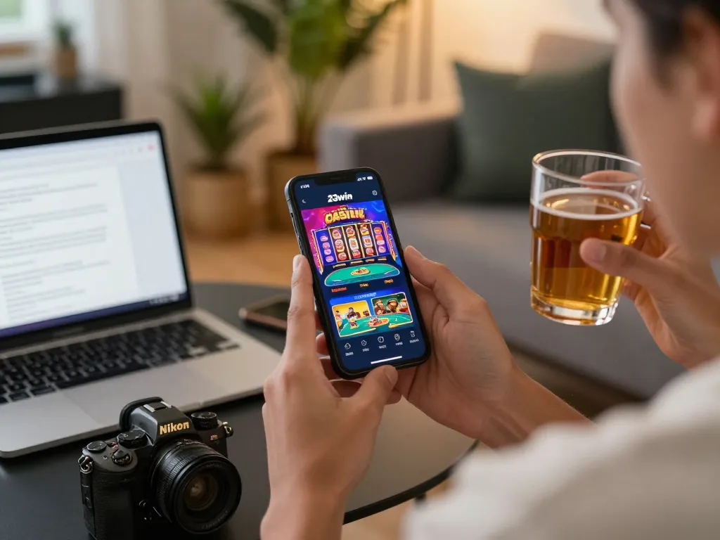 Engaging gameplay with 23win app interface on a smartphone in a cozy home setting.