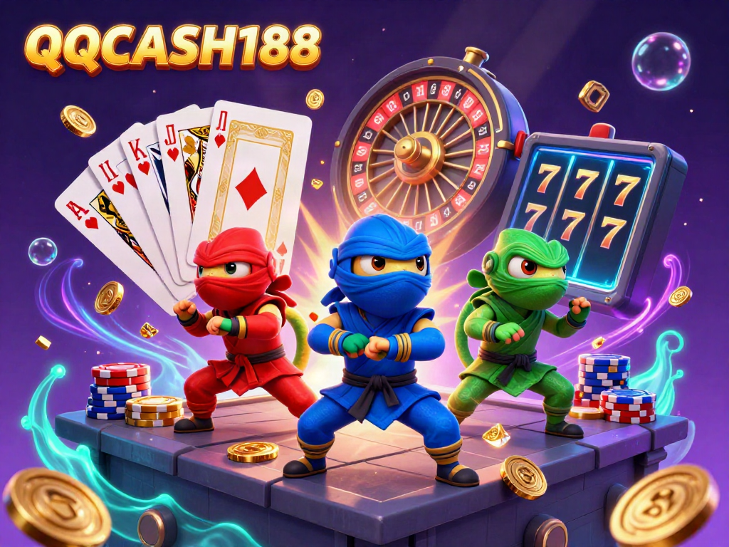 Experience thrilling gaming moments with QQCASH188 as chameleons showcase martial arts amidst a cascade of gold and gems.