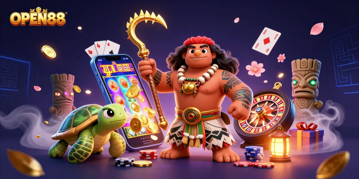 Engage with online gaming at OPEN88 featuring vibrant characters and casino elements in an immersive 3D scene.