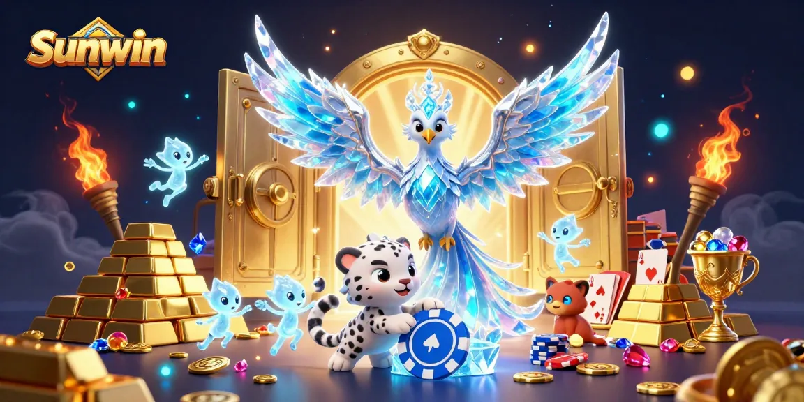 Sunwin engages players with an ice phoenix, poker chip, and magical treasures in an immersive casino scene.