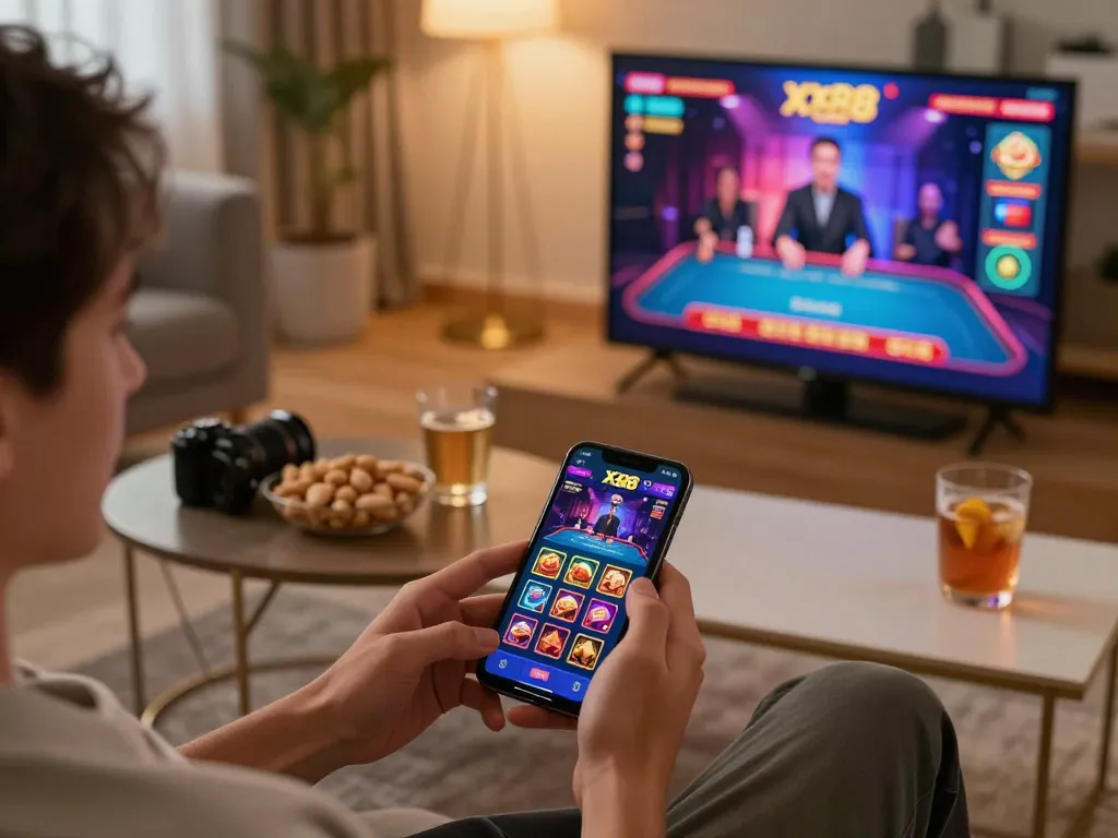 Engaged player using the xx88 com casino app on their smartphone in a cozy setting, showcasing mobile gaming excitement.