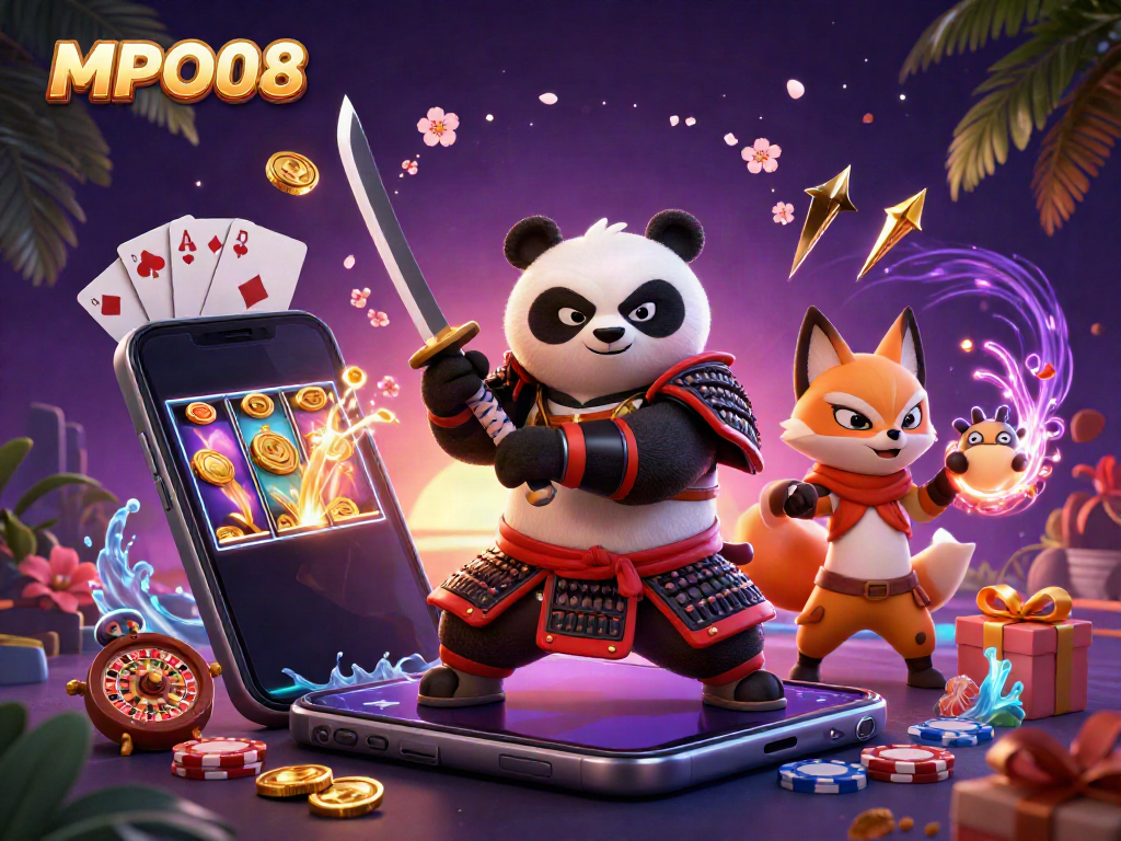 MPO08 captures the thrill of slot gaming with a dynamic 3D illustration of characters and casino elements.