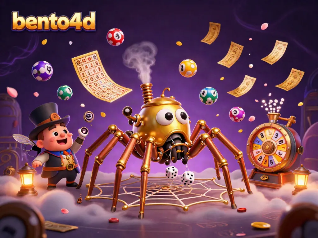 Bento4d presents a vibrant 3D scene of a steampunk spider web of luck catching dice and lottery balls.