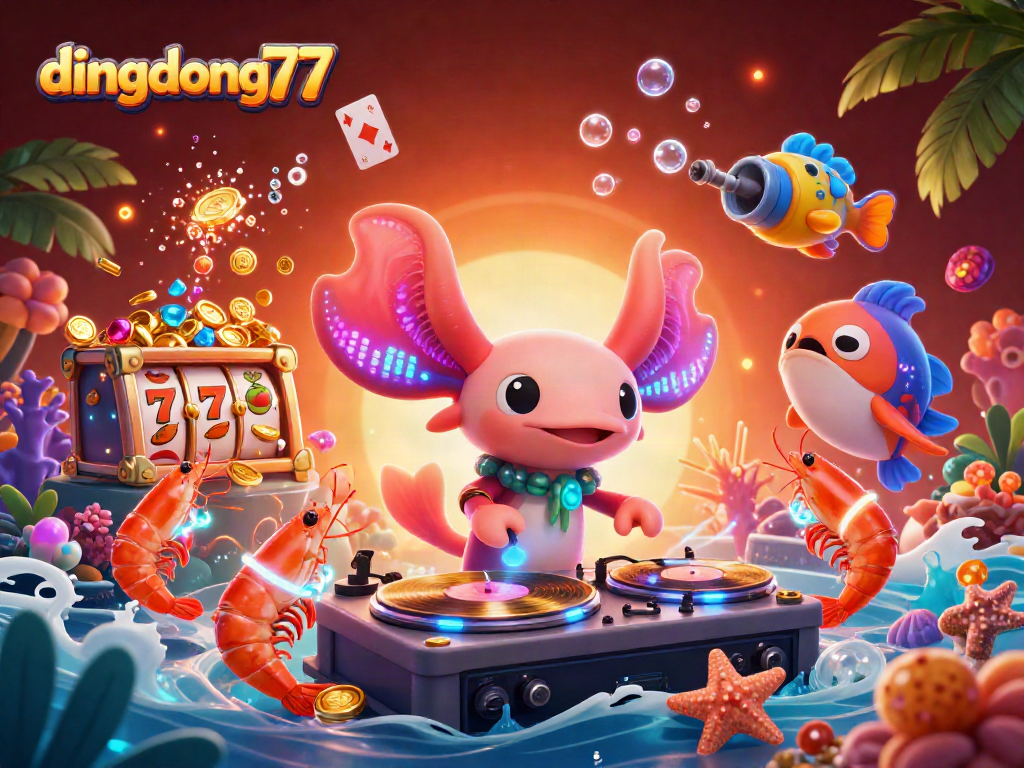 Join the fun at dingdong77 with vibrant underwater casino themed illustration of a neon axolotl DJ and colorful gaming elements.