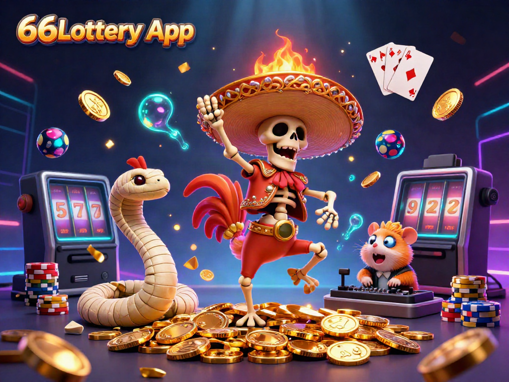 Engage with the 66Lottery App as a vibrant scene unfolds featuring characters celebrating amidst golden coins and lottery elements.