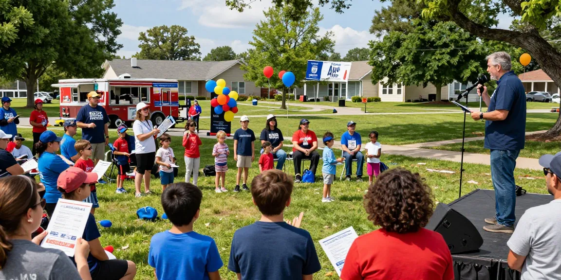 Casey Askar addressing a diverse crowd at a political rally in a community park.