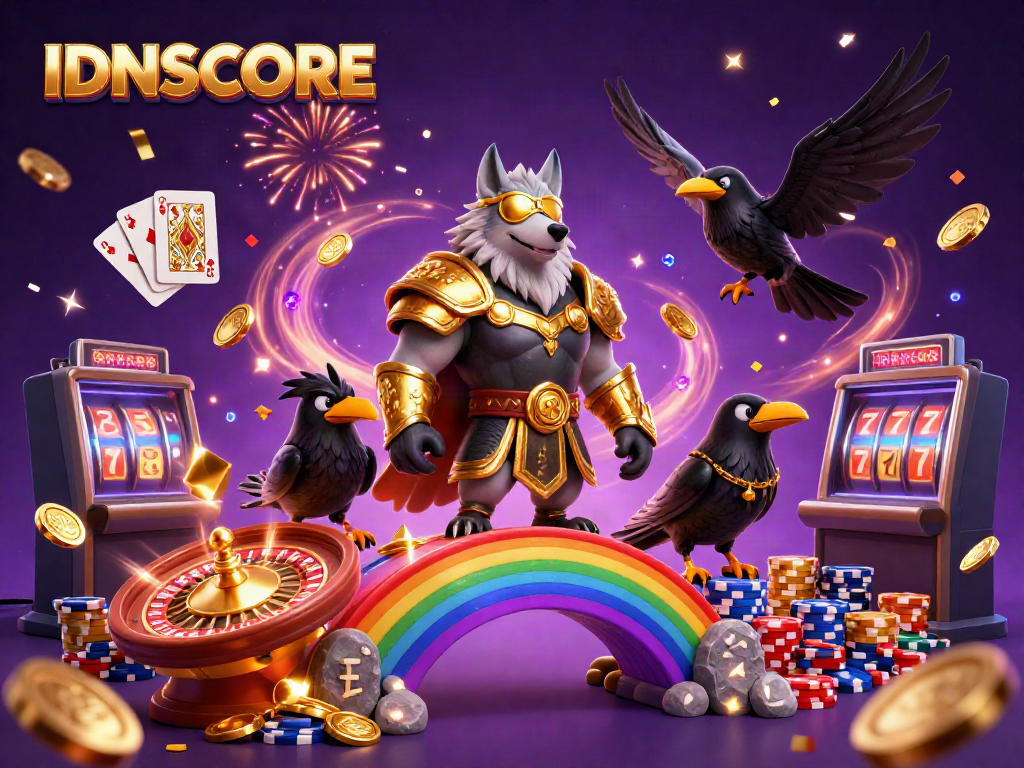 Engage in thrilling gameplay with IDNSCORE, featuring Odin and his ravens on a colorful casino chip bridge.