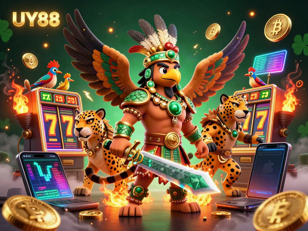Engage in the exciting world of UY88 with dynamic Aztec warriors, glowing crypto coins, and vibrant slot elements.
