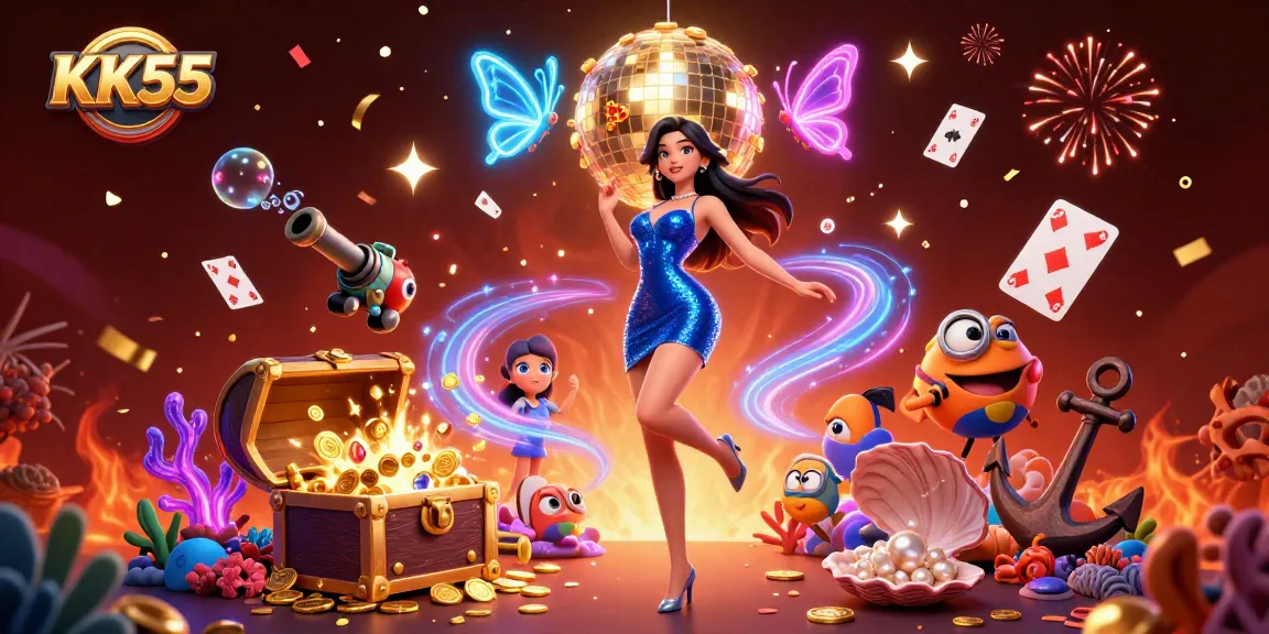 Engage with KK55's lively casino atmosphere filled with excitement, gold coins, and vibrant game elements.