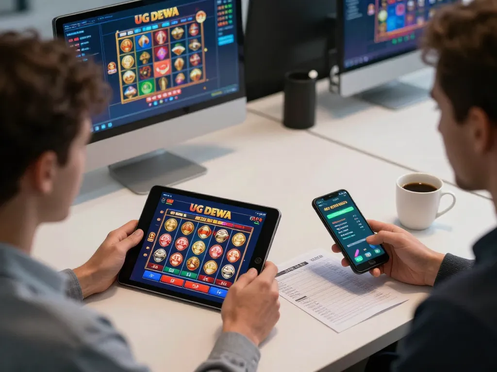 Players enjoying UG DEWA online slot games on various devices, showcasing excitement and strategy.