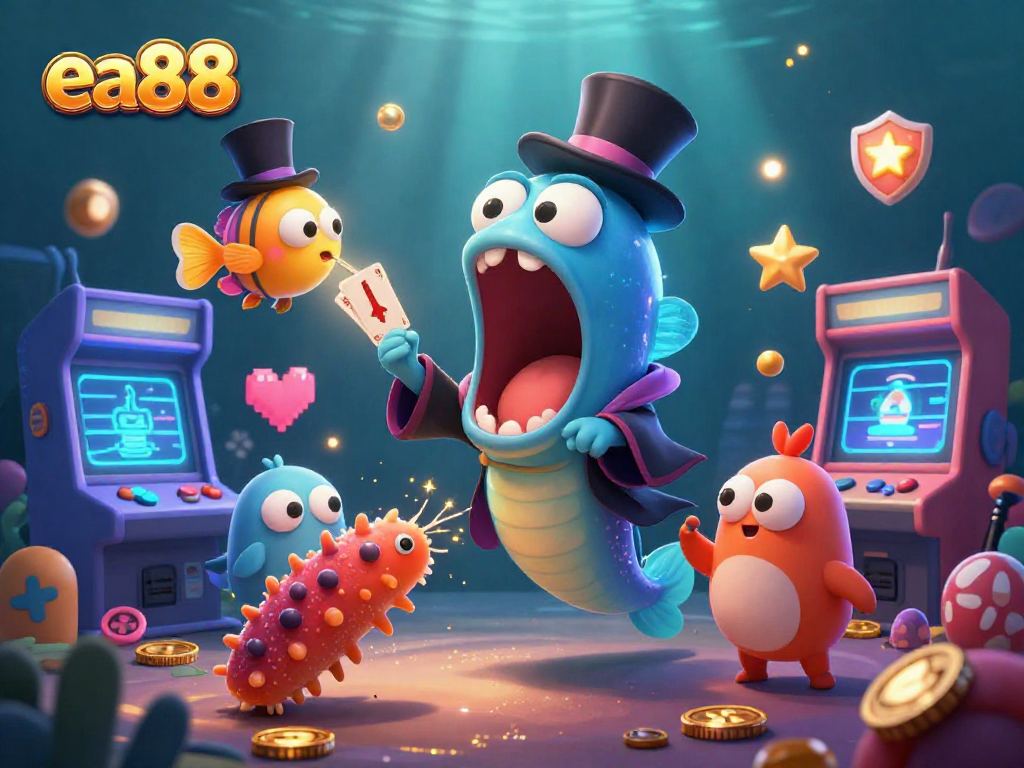 Watch the enchanting ea88 showdown as a bioluminescent eel performs magical card tricks in a vibrant underwater casino setting.