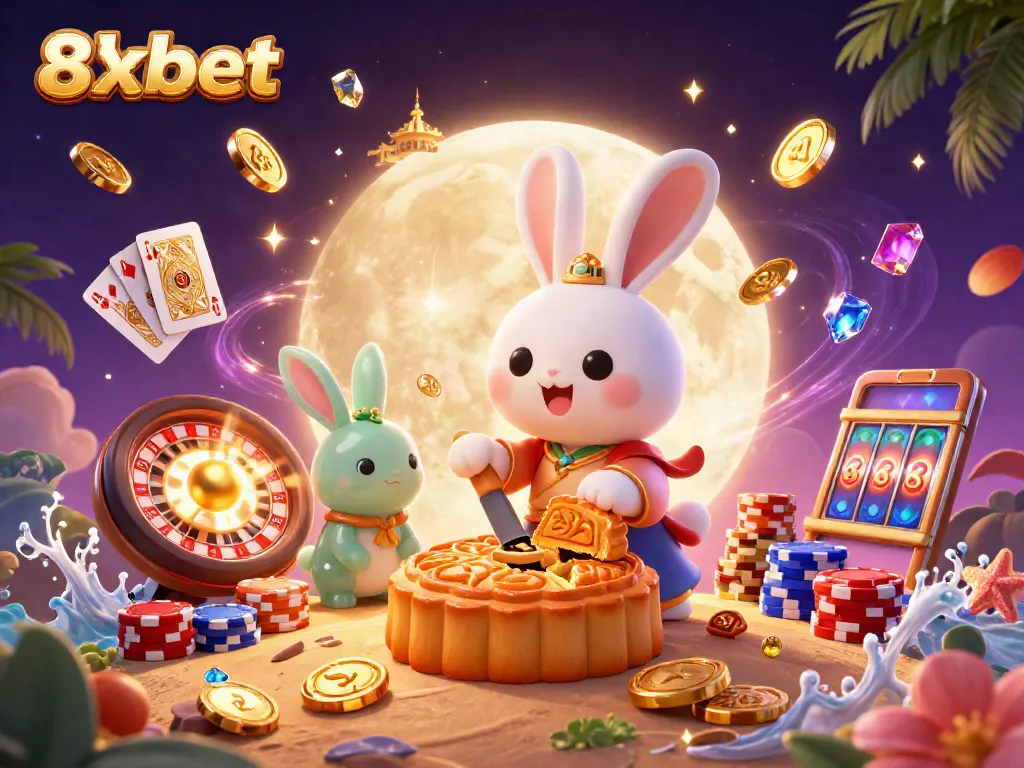 Experience the excitement of 8xbet with rabbit folklore characters celebrating casino wins.