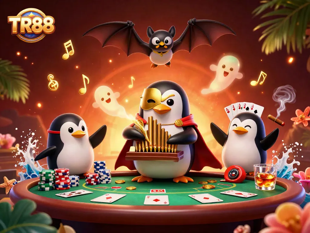Engage with TR88 casino games featuring a 3D penguin playing golden organ surrounded by poker elements.