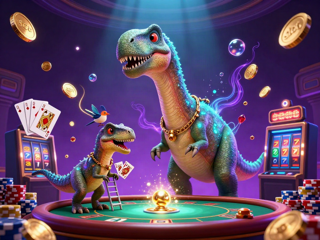 Spin the reels in this dynamic scene featuring playful dinosaurs and dazzling casino elements.