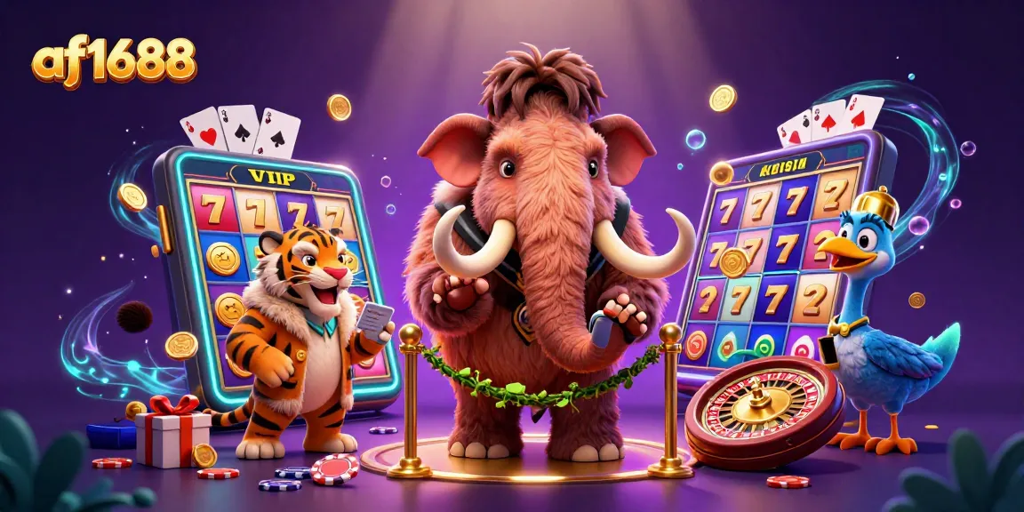 Experience excitement at af1688 with a vibrant 3D casino scene featuring unique animal characters.