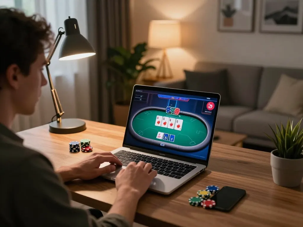 Player engaged in an online poker game at home using O8 platform, with chips and cards visible.