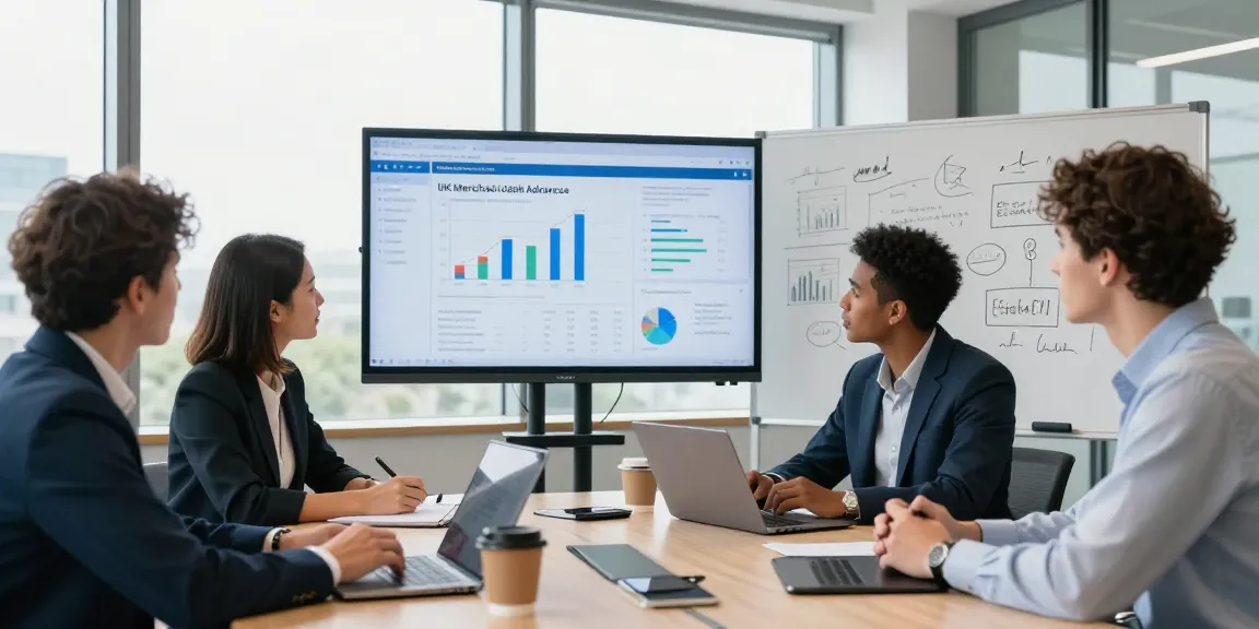 Business team discussing UK merchant cash advance strategies in a modern office.