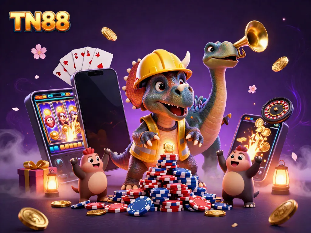 Celebrate TN88 wins with a vibrant casino-themed illustration full of energetic characters.