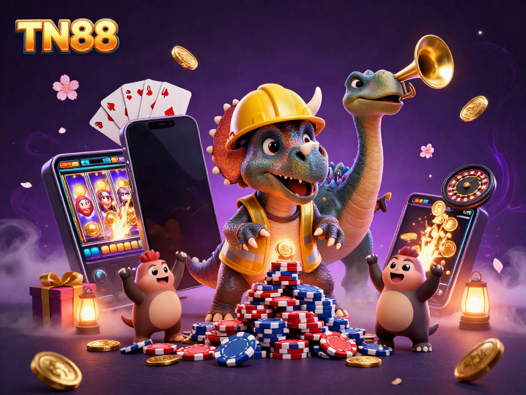 Celebrate TN88 wins with a vibrant casino-themed illustration full of energetic characters.