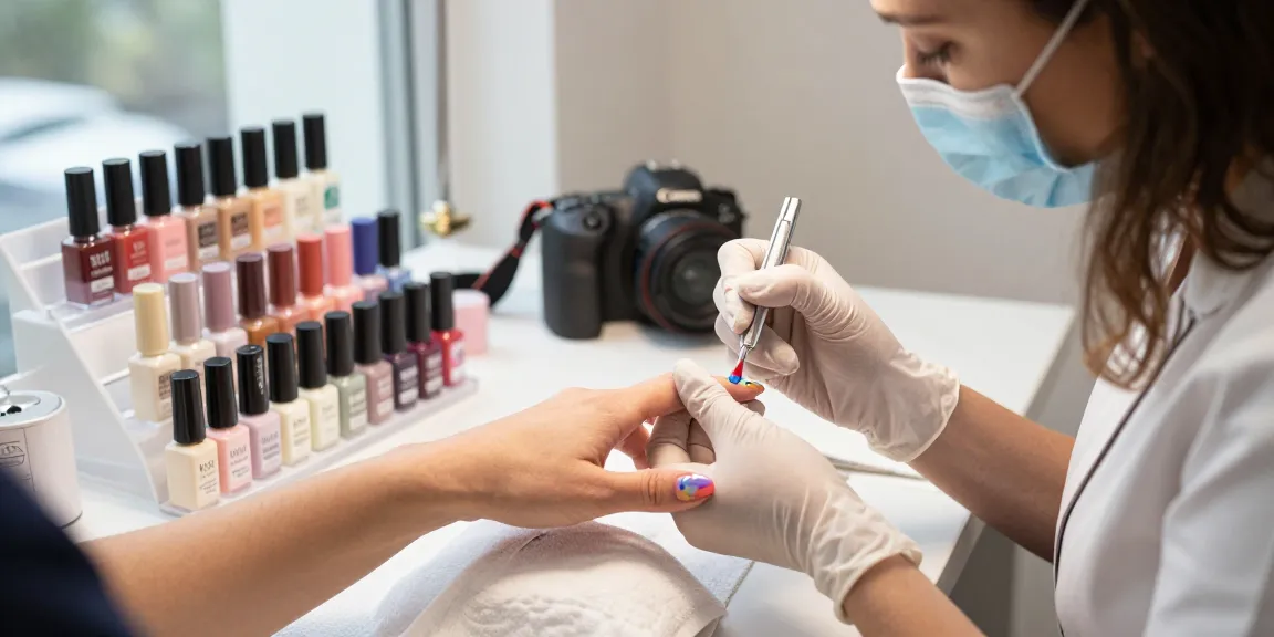 Paradise Nail Beauty technician applying gel polish in a hygienic salon with disposable tools, showcasing vibrant colors and nail art.