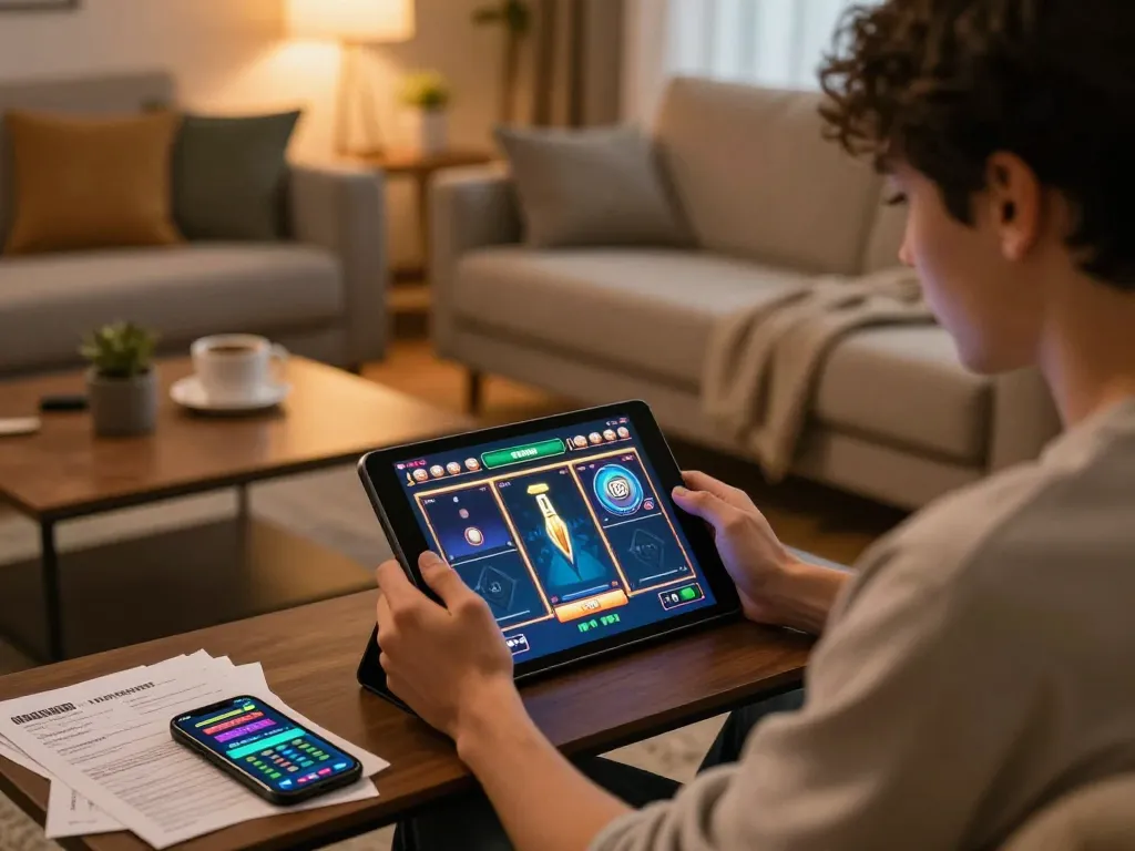 Engaged player enjoying IDCWIN88 Official online slot game on a tablet in a cozy living room setting.